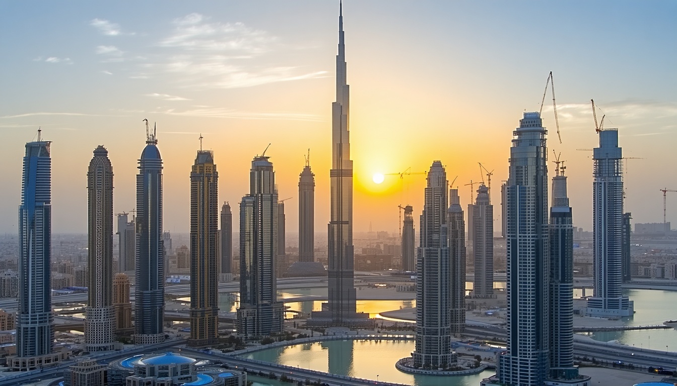 Dubai city skyline with Burj Khalifa at sunset