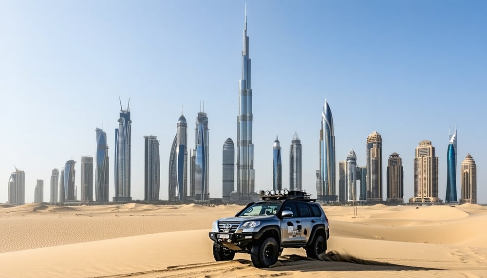 Dubai skyline with Burj Khalifa and desert adventure