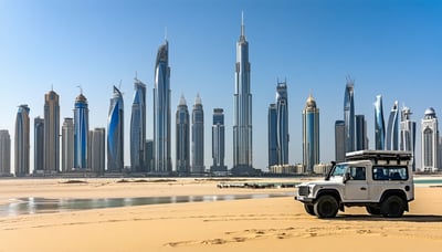 Dubai skyline with desert safari and luxury travel icons