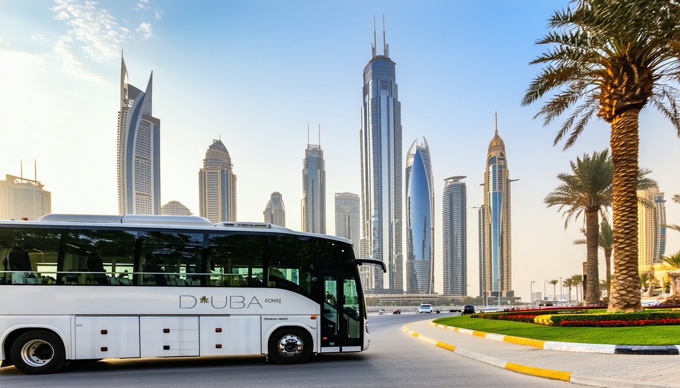 Luxury bus touring Dubai's landmarks