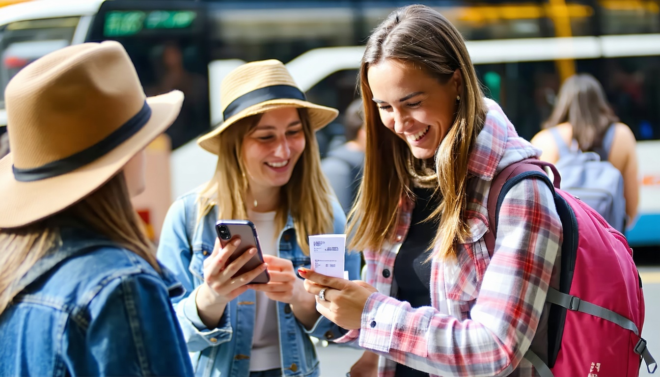 Happy tourists using mobile ticketing